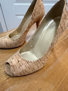 Stuart Weitzman Natural Cork Peep-Toe Pumps